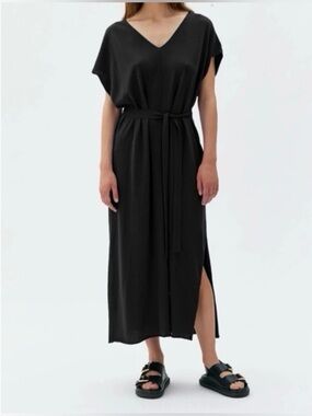 White House Black Market Classic Black Satin Front V-Neck Maxi Dress, Small